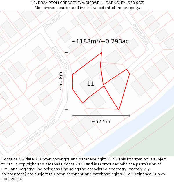 11, BRAMPTON CRESCENT, WOMBWELL, BARNSLEY, S73 0SZ: Plot and title map