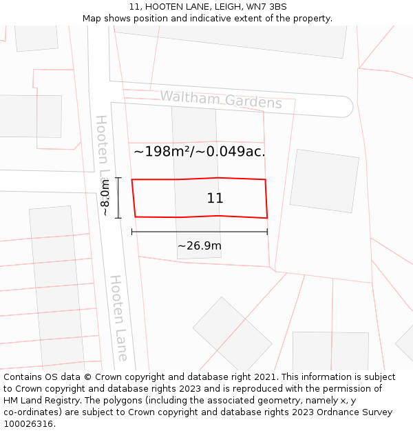 11, HOOTEN LANE, LEIGH, WN7 3BS: Plot and title map