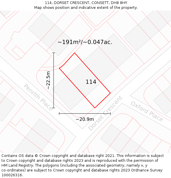 114, DORSET CRESCENT, CONSETT, DH8 8HY: Plot and title map
