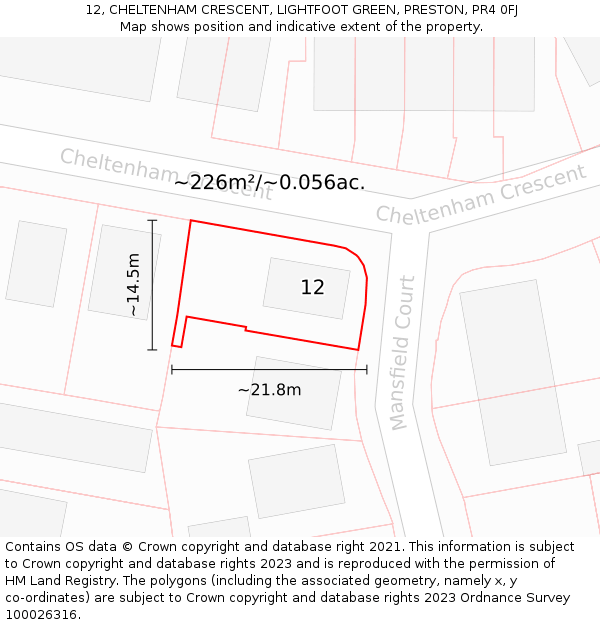 12, CHELTENHAM CRESCENT, LIGHTFOOT GREEN, PRESTON, PR4 0FJ: Plot and title map