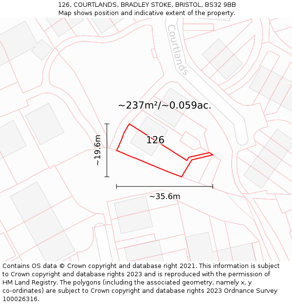 126, COURTLANDS, BRADLEY STOKE, BRISTOL, BS32 9BB: Plot and title map