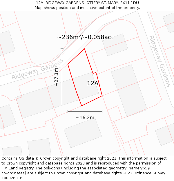 12A, RIDGEWAY GARDENS, OTTERY ST. MARY, EX11 1DU: Plot and title map