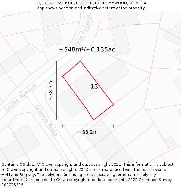 13, LODGE AVENUE, ELSTREE, BOREHAMWOOD, WD6 3LX: Plot and title map