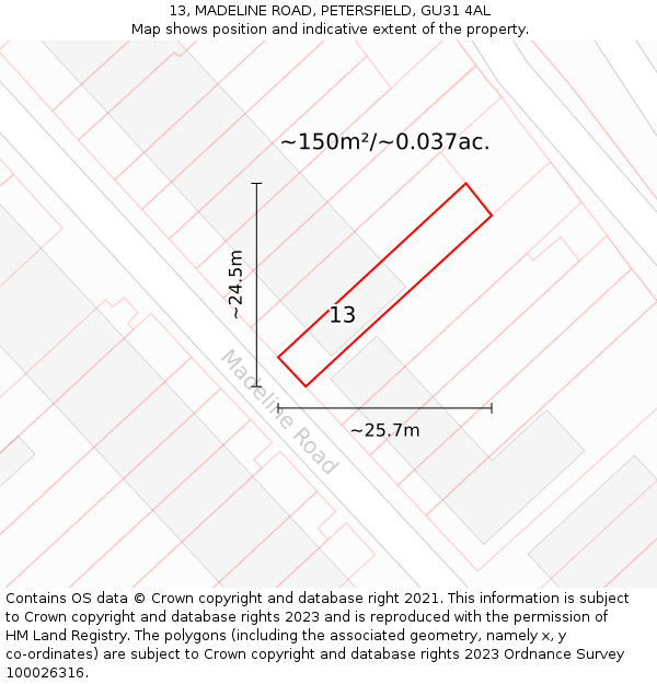 13, MADELINE ROAD, PETERSFIELD, GU31 4AL: Plot and title map