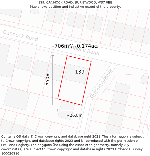 139, CANNOCK ROAD, BURNTWOOD, WS7 0BB: Plot and title map
