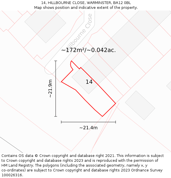 14, HILLBOURNE CLOSE, WARMINSTER, BA12 0BL: Plot and title map