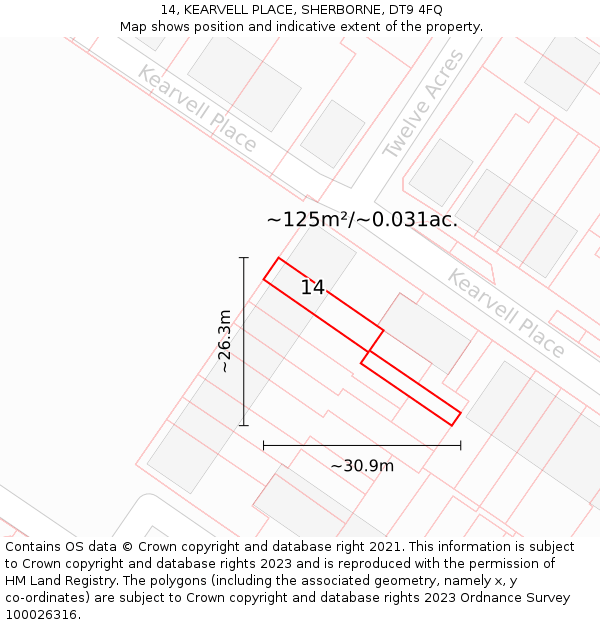 14, KEARVELL PLACE, SHERBORNE, DT9 4FQ: Plot and title map