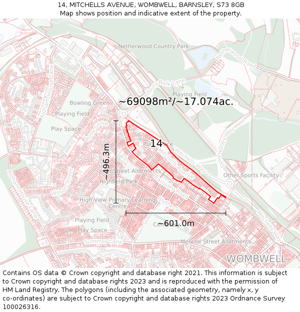 14, MITCHELLS AVENUE, WOMBWELL, BARNSLEY, S73 8GB: Plot and title map