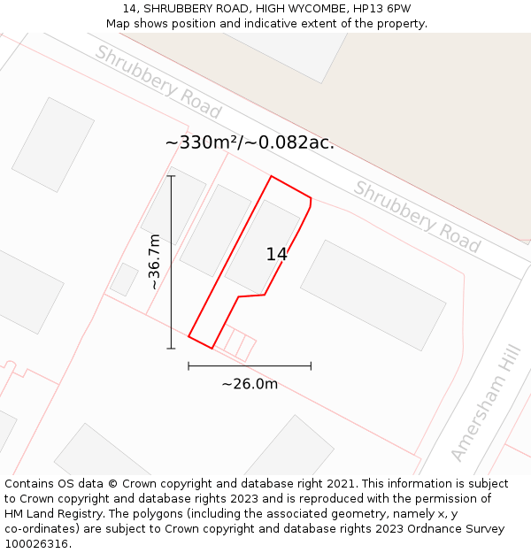 14, SHRUBBERY ROAD, HIGH WYCOMBE, HP13 6PW: Plot and title map