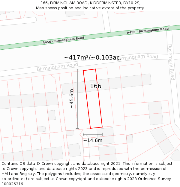 166, BIRMINGHAM ROAD, KIDDERMINSTER, DY10 2SJ: Plot and title map