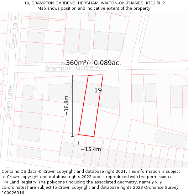 19, BRAMPTON GARDENS, HERSHAM, WALTON-ON-THAMES, KT12 5HP: Plot and title map