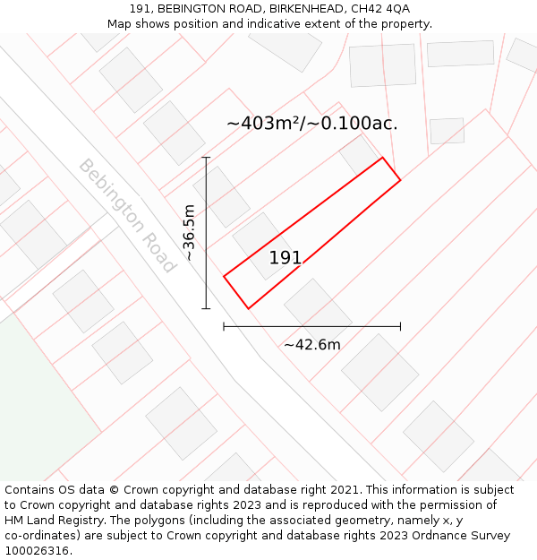 191, BEBINGTON ROAD, BIRKENHEAD, CH42 4QA: Plot and title map