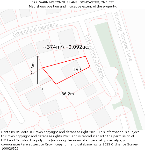 197, WARNING TONGUE LANE, DONCASTER, DN4 6TT: Plot and title map