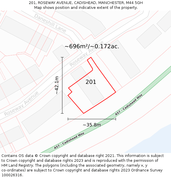 201, ROSEWAY AVENUE, CADISHEAD, MANCHESTER, M44 5GH: Plot and title map
