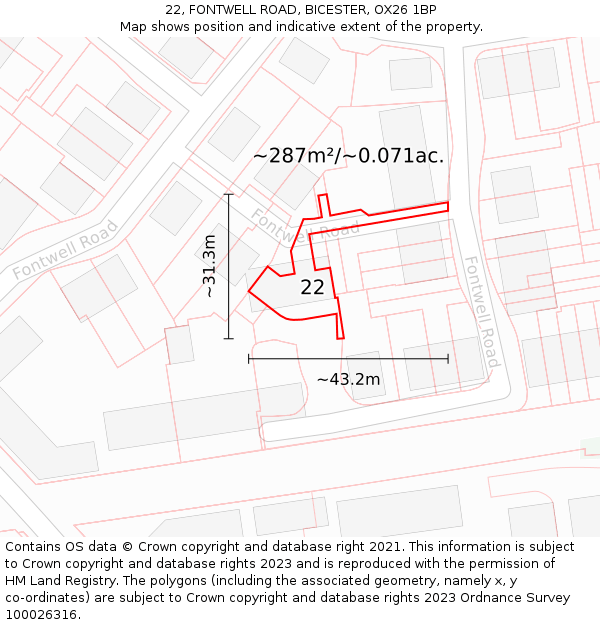 22, FONTWELL ROAD, BICESTER, OX26 1BP: Plot and title map