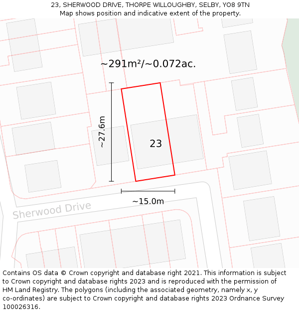 23, SHERWOOD DRIVE, THORPE WILLOUGHBY, SELBY, YO8 9TN: Plot and title map