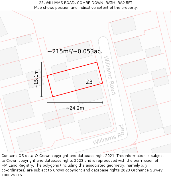 23, WILLIAMS ROAD, COMBE DOWN, BATH, BA2 5FT: Plot and title map