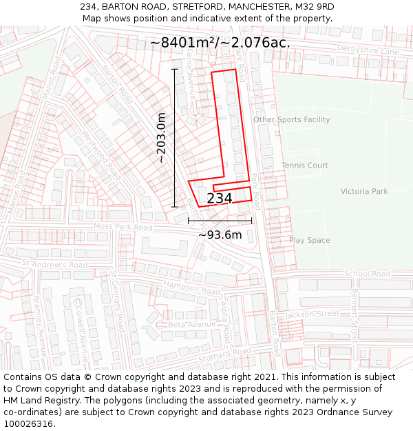 234, BARTON ROAD, STRETFORD, MANCHESTER, M32 9RD: Plot and title map