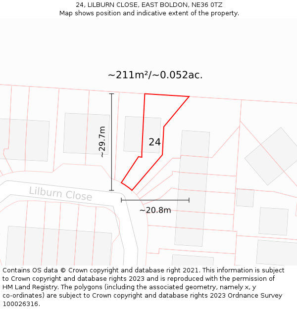 24, LILBURN CLOSE, EAST BOLDON, NE36 0TZ: Plot and title map