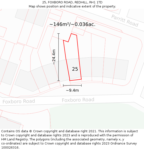 25, FOXBORO ROAD, REDHILL, RH1 1TD: Plot and title map