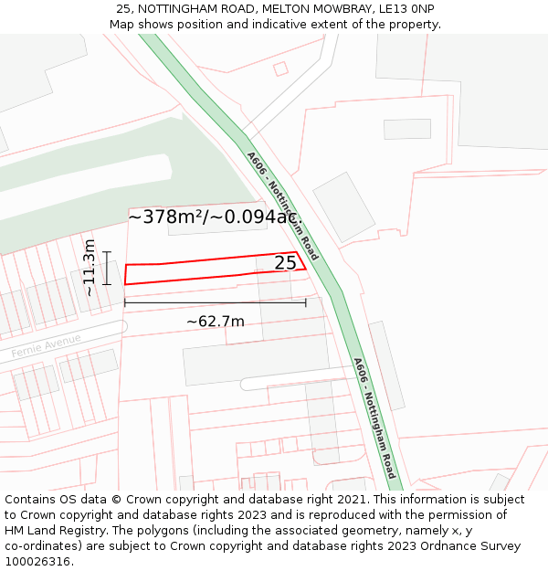 25, NOTTINGHAM ROAD, MELTON MOWBRAY, LE13 0NP: Plot and title map