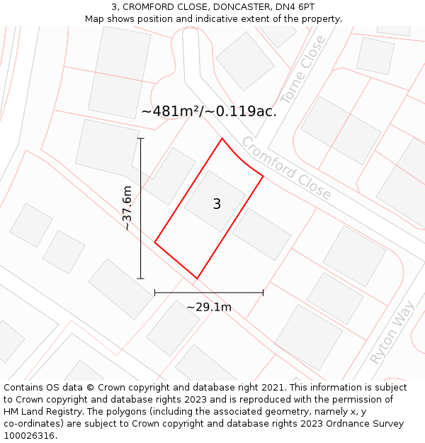 3, CROMFORD CLOSE, DONCASTER, DN4 6PT: Plot and title map