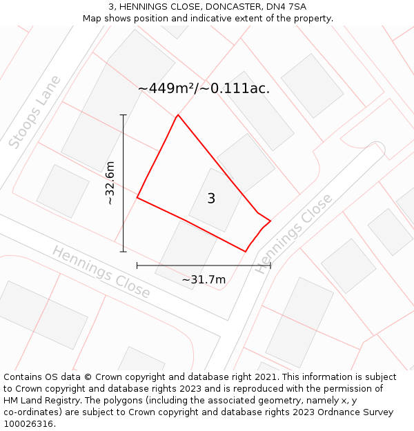 3, HENNINGS CLOSE, DONCASTER, DN4 7SA: Plot and title map