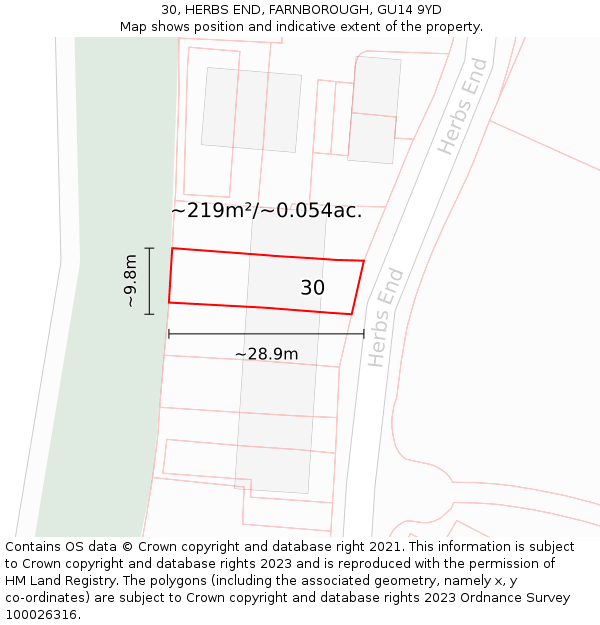 30, HERBS END, FARNBOROUGH, GU14 9YD: Plot and title map