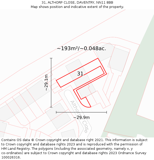 31, ALTHORP CLOSE, DAVENTRY, NN11 8BB: Plot and title map