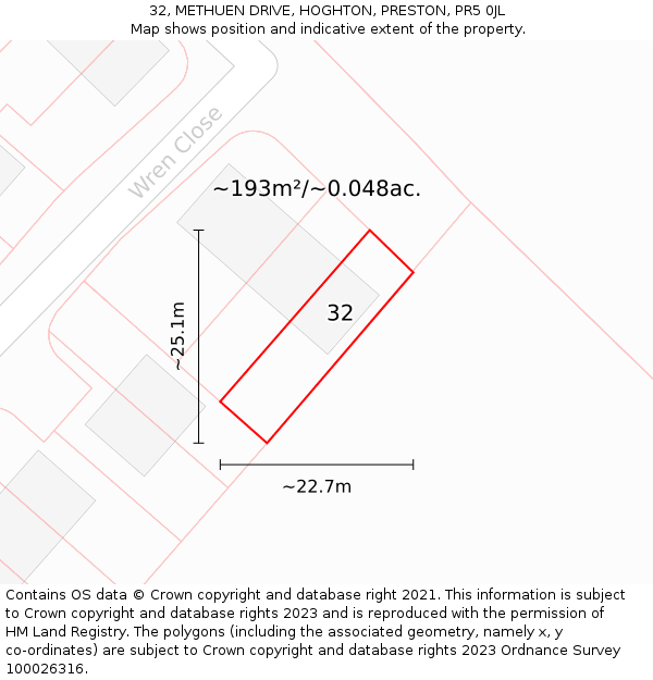 32, METHUEN DRIVE, HOGHTON, PRESTON, PR5 0JL: Plot and title map
