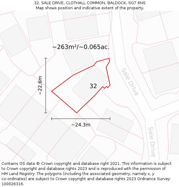 32, SALE DRIVE, CLOTHALL COMMON, BALDOCK, SG7 6NS: Plot and title map