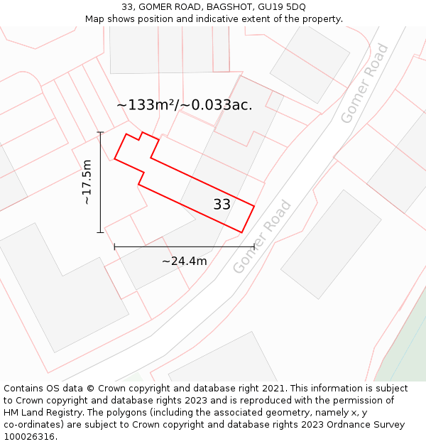 33, GOMER ROAD, BAGSHOT, GU19 5DQ: Plot and title map