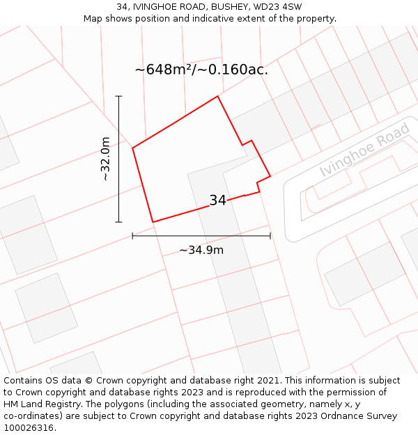 34, IVINGHOE ROAD, BUSHEY, WD23 4SW: Plot and title map