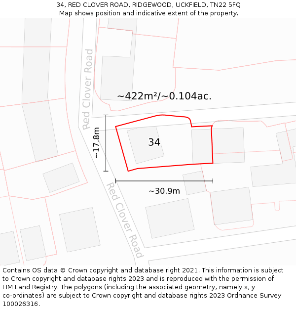 34, RED CLOVER ROAD, RIDGEWOOD, UCKFIELD, TN22 5FQ: Plot and title map