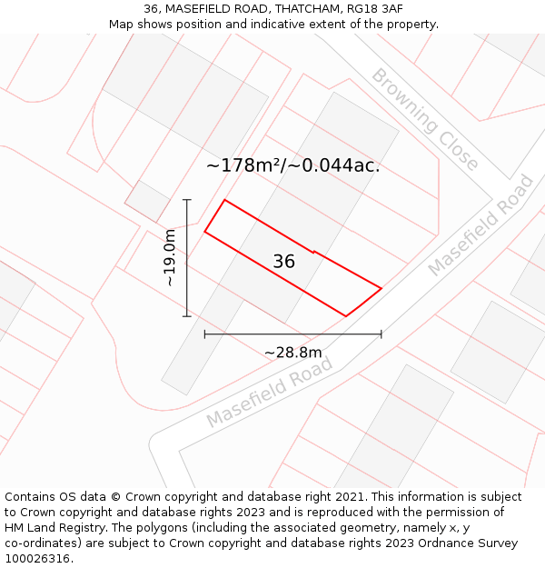 36, MASEFIELD ROAD, THATCHAM, RG18 3AF: Plot and title map