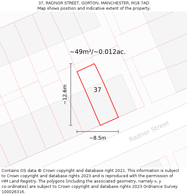 37, RADNOR STREET, GORTON, MANCHESTER, M18 7AD: Plot and title map