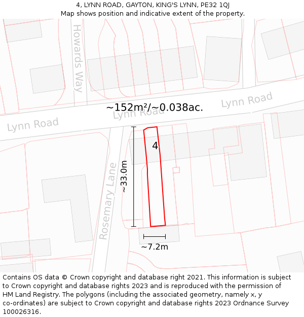 4, LYNN ROAD, GAYTON, KING'S LYNN, PE32 1QJ: Plot and title map