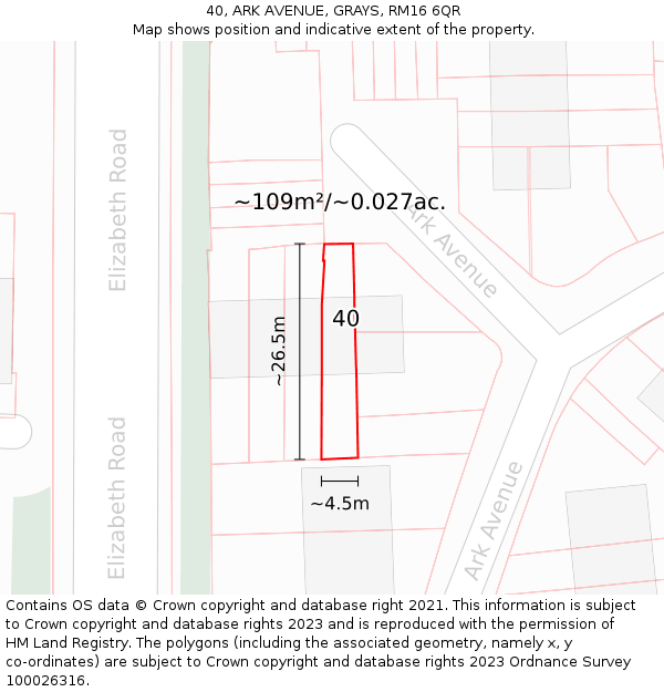 40, ARK AVENUE, GRAYS, RM16 6QR: Plot and title map