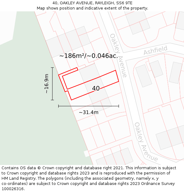 40, OAKLEY AVENUE, RAYLEIGH, SS6 9TE: Plot and title map
