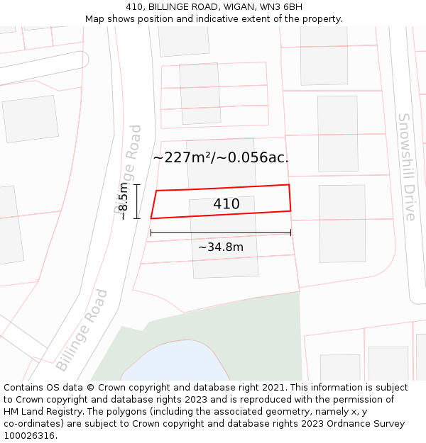 410, BILLINGE ROAD, WIGAN, WN3 6BH: Plot and title map