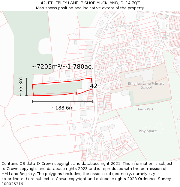 42, ETHERLEY LANE, BISHOP AUCKLAND, DL14 7QZ: Plot and title map