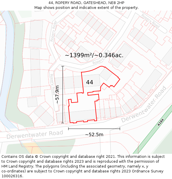44, ROPERY ROAD, GATESHEAD, NE8 2HP: Plot and title map