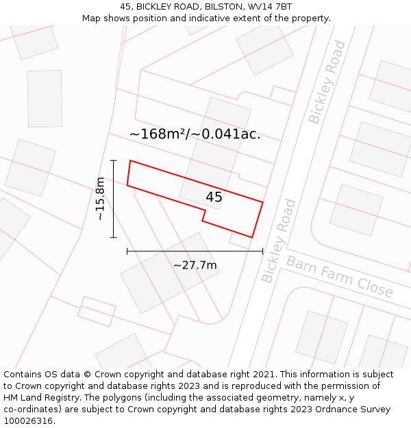 45, BICKLEY ROAD, BILSTON, WV14 7BT: Plot and title map