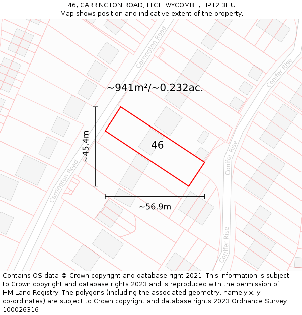 46, CARRINGTON ROAD, HIGH WYCOMBE, HP12 3HU: Plot and title map
