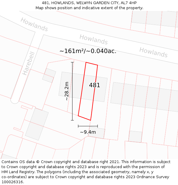 481, HOWLANDS, WELWYN GARDEN CITY, AL7 4HP: Plot and title map