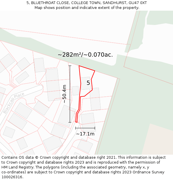5, BLUETHROAT CLOSE, COLLEGE TOWN, SANDHURST, GU47 0XT: Plot and title map