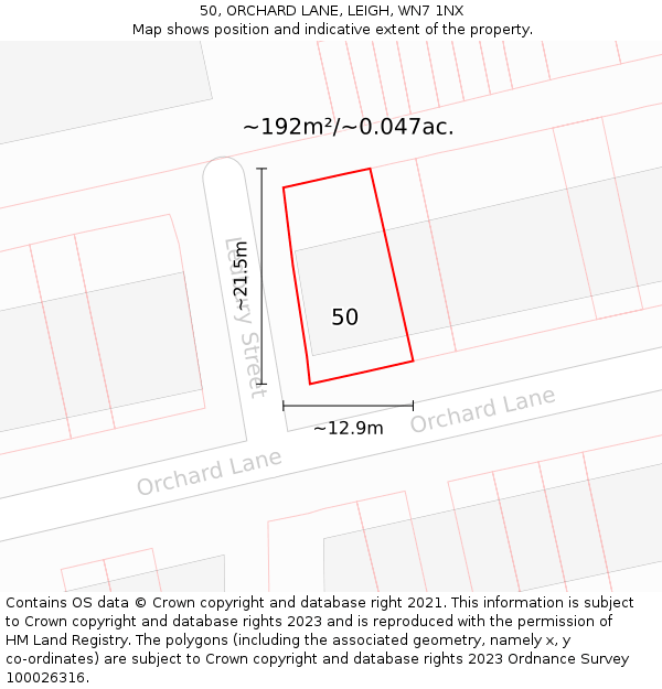 50, ORCHARD LANE, LEIGH, WN7 1NX: Plot and title map