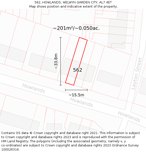 562, HOWLANDS, WELWYN GARDEN CITY, AL7 4ET: Plot and title map