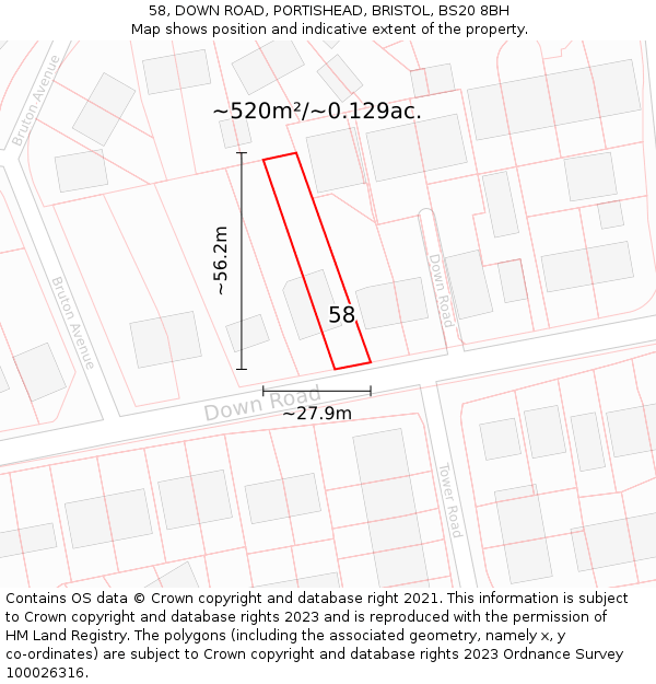 58, DOWN ROAD, PORTISHEAD, BRISTOL, BS20 8BH: Plot and title map