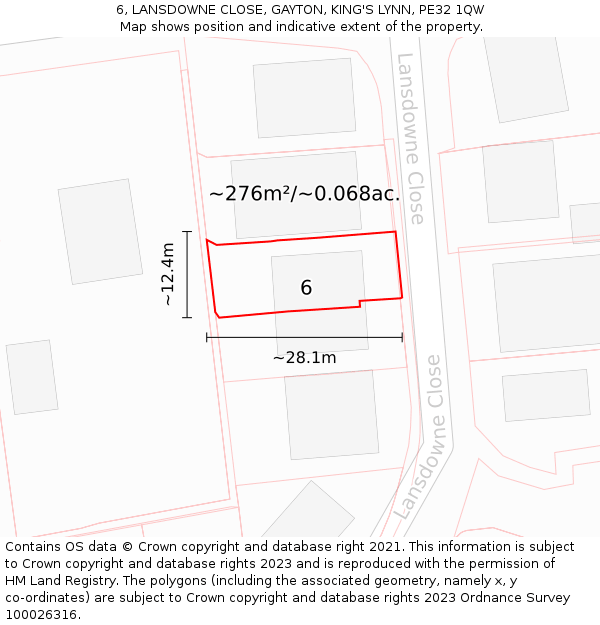6, LANSDOWNE CLOSE, GAYTON, KING'S LYNN, PE32 1QW: Plot and title map